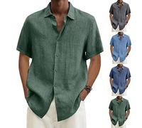 2024 Chemise Coton Lin Hommes été à Manches Courtes de Plage Couleur Unie Boutonnée Coupe Régulière Décontractée Business Tops Grandes Tailles Pas Cher