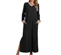 2024 Chemise de Nuit Femme Coton Longue Grande Taille Couleur Unie Confortable Leger Respirant Ete Col V Manches Longues avec Poches Latérales Vêtement de Nuit