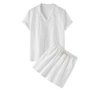 2024 Chemise et Short en Coton et Lin pour Hommes 2 Pièces Survêtement d'été 2 Pièces pour Homme Décontracté Léger Respirant Couleur Unie Ensemble Chemise Short Homme Chemise de Sport Homme Pas Cher