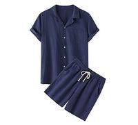 2024 Chemise et Short en Coton et Lin pour Hommes 2 Pièces Survêtement d'été 2 Pièces pour Homme Décontracté Léger Respirant Couleur Unie Ensemble Chemise Short Homme Chemise de Sport Homme Pas Cher
