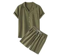 2024 Chemise et Short en Coton et Lin pour Hommes 2 Pièces Survêtement d'été 2 Pièces pour Homme Décontracté Léger Respirant Couleur Unie Ensemble Chemise Short Homme Chemise de Sport Homme Pas Cher