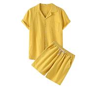 2024 Chemise et Short en Coton et Lin pour Hommes 2 Pièces Survêtement d'été 2 Pièces pour Homme Décontracté Léger Respirant Couleur Unie Ensemble Chemise Short Homme Chemise de Sport Homme Pas Cher