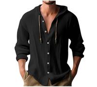 2024 Chemise Lin et Coton Homme Été T Shirt Manches Longues Chemise à Capuche Col Mao Couleur Unie Henley Shirts Casual Chemise Homme Grandes Tailles Haut Blouse Boutonnés Hoodie Cordon De Serrage