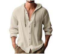 2024 Chemise Lin et Coton Homme Été T Shirt Manches Longues Chemise à Capuche Col Mao Couleur Unie Henley Shirts Casual Chemise Homme Grandes Tailles Haut Blouse Boutonnés Hoodie Cordon De Serrage