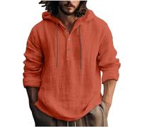 2024 Chemise Lin et Coton Homme Été T Shirt Manches Longues Chemise à Capuche Col Mao Couleur Unie Henley Shirts Casual Chemise Homme Grandes Tailles Haut Blouse Boutonnés Hoodie Cordon De Serrage