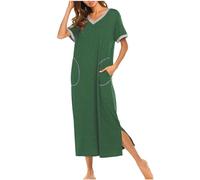 2024 Chemises Nuit Femme Ete Coton Robe de Nuit Robe Longue Femme Manches Courtes Vêtements de Nuit Sexy Grande Taille Couleur Unie Col V Casual Décontracté avec Poches Respirant Confortable Pas Cher