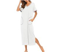 2024 Chemises Nuit Femme Ete Coton Robe de Nuit Robe Longue Femme Manches Courtes Vêtements de Nuit Sexy Grande Taille Couleur Unie Col V Casual Décontracté avec Poches Respirant Confortable Pas Cher