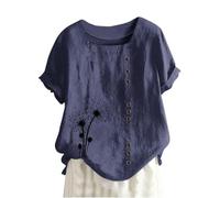 2024 Chemisier Femme Respirant Chic et élégant Chemise en Coton Lin à Manche Courte Blouse Col Carré Top Eté Printemps Tunique avec Boutonnée T-Shirt Ample Casual Haut Lâche Pas Cher