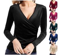 2024 Chemisiers Et Blouses Femme Chic Et élégant T-Shirts à Manches Longues Chemisier Femme Haut Femme Sexy Soirée Smocks Slim Fit Col V Bussiness Couleur Unie Mode Casual Top en Velours doré T Shirt