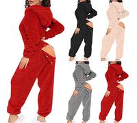 2024 Combinaison Polaire Pyjama Femme Long Automne Hiver Chaud avec Capuche Bouton Sexy Rabattu Manches Longues Tenue De Salon Pyjama Combinaison Boutonnée à Rabat Fonctionnel Couleur Unie Adultes