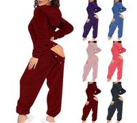 2024 Combinaison Polaire Pyjama Femme Long Automne Hiver Chaud avec Capuche Bouton Sexy Rabattu Manches Longues Tenue De Salon Pyjama Combinaison Boutonnée à Rabat Fonctionnel Couleur Unie Adultes