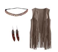 2024 Ensemble de Costume Hippie pour Femmes - Déguisement Années 60s 70s avec Gilet à Franges Sans Manches - Halloween, Carnaval, Fête Costumée