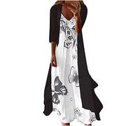 2024 Ensemble Deux Pièces Robe Femme Été Décontracté Imprimé Floral Robe Mi Longue Chic Et Elegant Casual Boheme Tulle Cardigan Maxi Robe Cérémonie Soiree Tendance Manches 3/4 Léger Veste Cardigan