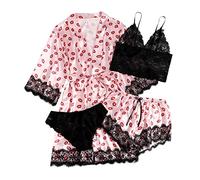 2024 Ensemble Nuisette 4 Pièces Femme Sexy Chic Lingerie Femme Sexy Ensemble De Vêtements De Nuit en Satin Nuisettes Dentelle Sensuelle Lingerie Nuisette Babydoll Pyjama Combinaison Femme Sleepwear