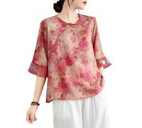2024 Été Grande Taille Rétro Imprimé Fleuri Style Ethnique Chinois Petit Haut Col Rond Demi Manche Ample Fluide Blouse(Color:Rouge,Size:L)