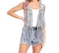 2024 Gilet à Frange Hippie Femme été Haut Veste Manteau Frangé sans Manches Vintage Daim Chic et Elégant Casual Grande Taille Mode Ethnique Cardigan Leger Court Western Cowboy Extérieur Streetwear