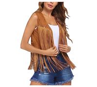 2024 Gilet à Frange Hippie Femme été Haut Veste Manteau Frangé sans Manches Vintage Daim Chic et Elégant Casual Grande Taille Mode Ethnique Cardigan Leger Court Western Cowboy Extérieur Streetwear