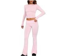 2024 Lounge Set Femme 2 Pièces Ensemble Skims Haut Court + Taille Haute Pantalon Évasé Stretch Jogging Casual Yoga Manches Longues Fitness Slim Fit Tenue de Sport