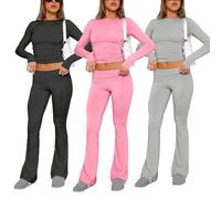 2024 Lounge Set Femme 2 Pièces Ensemble Skims Haut Court + Taille Haute Pantalon Évasé Stretch Jogging Casual Yoga Tenue de Sport Manches Longues Fitness Slim Fit