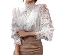 2024 Mode Femme Chemisier Dentelle Chic Chemise Victorien à Manche Longue Bouffante Ballon Sexy Chemisier Gothique Lolita Lace Ajouré Top Blouse Renaissance Elégant Ample Vintage (Blanc, M)