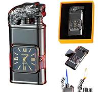 2024 Nouveau Briquet Coupe-Vent Vintage Cool 2 en 1 Briquet Gonflable avec Montre électrique Briquet à Double Flamme Briquet Rechargeable pour Camping en Plein air Cadeaux pour Hommes