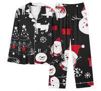 2024 Pyjama De Noël pour Femme, Ensemble en Satin Casual avec Boutonnée, Grande Taille avec Poches, Chemise De Nuit Imprimé Renne, Pyjamas Hiver Pas Cher