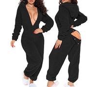 2024 Pyjama Femme Long hiver Combinaison Sexy Bouton Rabattu Manches Longues Tenue De Salon Pyjama Combinaison à Capuche Boutonnée à Rabat Boutonné Fonctionnel pour Femmes De Couleur Unie Adultes