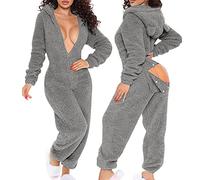 2024 Pyjama Femme Long hiver Combinaison Sexy Bouton Rabattu Manches Longues Tenue De Salon Pyjama Combinaison à Capuche Boutonnée à Rabat Boutonné Fonctionnel pour Femmes De Couleur Unie Adultes