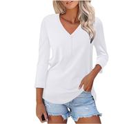 2024 T-Shirt à Manches Longues Femme Ete Chemise Femme Chic et Élégant Col V Mode Casual Haut Décontracté Coton Leger Respirant Classique Tee Shirt Oversize Sweatshirt Blouse Tunique Tops Pas Cher