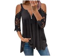 2024 T Shirt Femme Col V Été Couleur Unie Off Shoulder Tunique Pas Cher Demi Manche Bretelles Élégant Chemisier avec Fermeture Eclair Chic Printemps Amples Blouse Décontracté Tops Haut