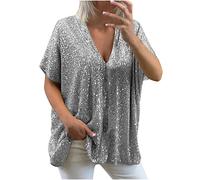 2024 T Shirt Femmes Grande Taille Haut Femme Paillettes Chic Brillant Tops Paillette Col V Manches Courtes Casual Chemisiers Haut Décontracté Brillante Couleur Unie Tunique Fête Club Top Pas Cher