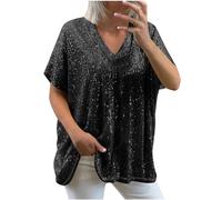 2024 T Shirt Femmes Grande Taille Haut Femme Paillettes Chic Brillant Tops Paillette Col V Manches Courtes Casual Chemisiers Haut Décontracté Brillante Couleur Unie Tunique Fête Club Top Pas Cher
