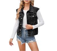 2024 Veste en Jean sans Manches pour Femme Veste en Jean sans Manche Femme Court Gilet en Jean Femme Denim avec Poches Veste sans Manche Déchiré Boutonné Manteaux Boutons Gilet en Denim Lavé Femme