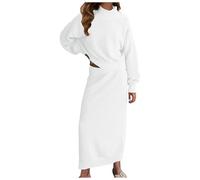 2025-2 Pièces Robe Sexy Femme Manche Longue- Robe Portefeuille Col Roulé Tricot Casual Ample Confortable Chic Et Élégants Couleur Unie Tempérament Ensemble Pull Et Jupe pour Automne Hiver