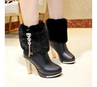 2025 Automne/Hiver Nouvelles chaussures pour femmes, bottes blanches à la mode, bottes mi-mollet noires avec bordure en fourrure, talons hauts ornés de strass, bottines à talon fin, chaussures Y2K, ta
