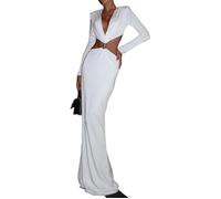 2025 Automne New Women's Fashion Sexy Open Waist V-Necck Long Sleeve Slimming Hip Hugging Dress, blanc, S