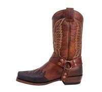 2025 Bottes pour homme avec semelle mi-haute, bout carré et broderies en cuir style western avec fermeture éclair latérale, talon bas, confortables, café, 39 EU