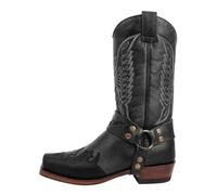 2025 Bottes pour homme avec semelle mi-haute, bout carré et broderies en cuir style western avec fermeture éclair latérale, talon bas, confortables, Noir , 36 EU