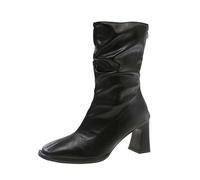 2025 Bottes tempérament Europe et les États Ridées Bottes pointues pour femmes à talons hauts Carrées avec mi-mollet Bottes pour femmes Chaussures en toile pour femmes, Noir , 40 EU