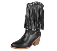 2025 Bottes tendance pour femme avec mollet mi-haut, boucle en métal à franges, bout pointu élégant, talon épais, design simple à enfiler pour les loisirs, baskets blanches pour femme, Noir , 40 EU