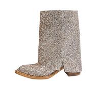 2025 Bottines pour femme avec paillettes scintillantes, mi-mollet, talons d'hiver, tendance, élégantes, décontractées, confortables, pour la danse au quotidien, pour l'été, ballerines, or, 37 EU
