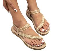 2025 Chaussures plates pour femme Sandales plates d'été Boho Strass Chaussures de soirée Confort Bout ouvert Sangle de cheville élastique Sandales sans bretelles Sandales romaines Vintage Chaussures