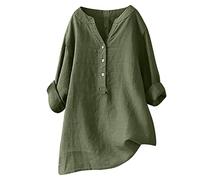 2025 Chemise Coton et Lin Femme Col en V, Chemisier Manches Longues Tops Couleur Unie Chic et Élégant Lâche Respirant T-Shirts Grande Taille Casual Blouse Pas Cher