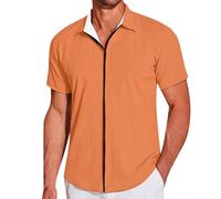 2025 Chemise de plage décontractée d'été à manches courtes Fermeture éclair pour homme, texture légère, élastique plissée, chemise homme rayée noire, Orange, XXL