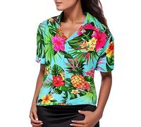 2025 - Chemise Femmes Ananas Fleurs Funky Blouse Imprimé hawaïen Poche Avant Quitter Femmes Chemises Blouse Femmes Soie, vert, M