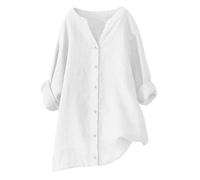 2025 Chemise Lin Coton Et Lin pour Femmes Col en V Bouton Manches Longues Tops Couleur Unie Lâche Respirant Tunique Grande Taille Top Casual Blouse Vacances d'été Haut de Banlieue à la Mode