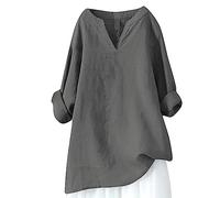 2025 Chemise Lin Femme,Chemisier Coton et Lin pour Femmes Col en V Bouton Manches Longues Tops Couleur Unie LâChe Respirant T-Shirts Grande Taille Pas Cher Casual Coton Lin Tunique Blouse Soldes