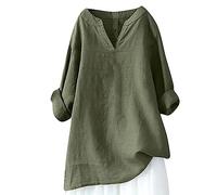 2025 Chemise Lin Femme,Chemisier Coton et Lin pour Femmes Col en V Bouton Manches Longues Tops Couleur Unie LâChe Respirant T-Shirts Grande Taille Pas Cher Casual Coton Lin Tunique Blouse Soldes