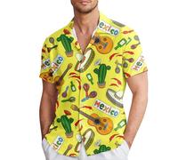 2025 - Chemises à poitrine de style mexicain pour homme, printemps et été, revers décontracté, imprimé complet, manches courtes, chemises de compression longues, jaune, M