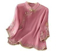 2025 Chemises Brodées Exquises Tops Chemisier Rétro À Manches Mi-longues For Femmes Chemise Traditionnelle Chinoise Ample En Coton Et Lin(Rose,XL)